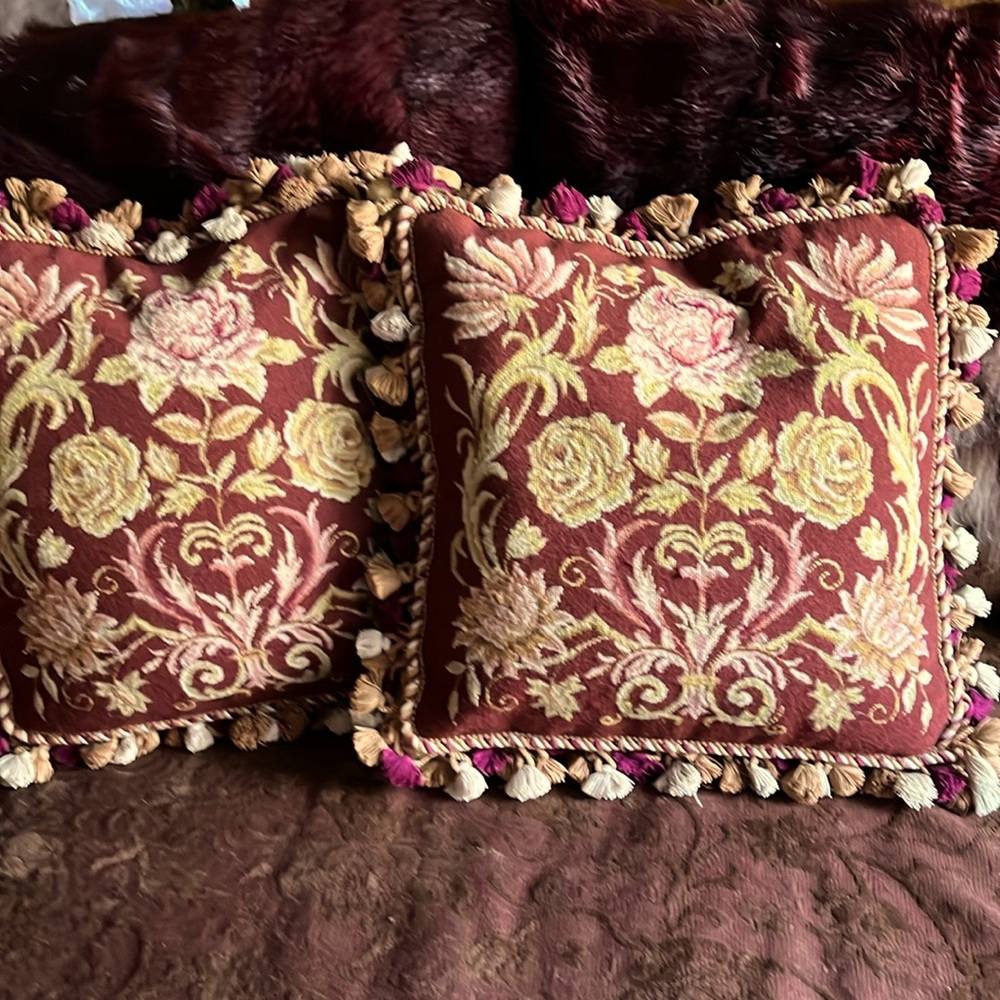 UNIQUE ROSES NEEDLEPOINT  PAIR of PILLOWS